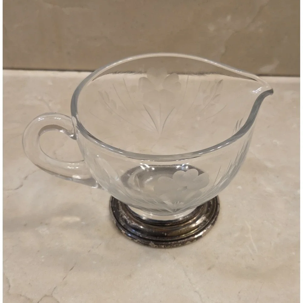1920s Sterling Silver & Etched Glass Frank Whiting‎ Co Cream Pitcher Hand Blown